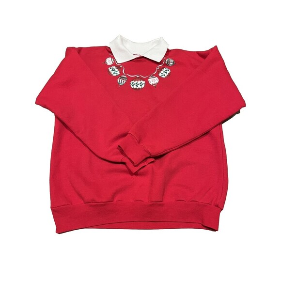 Vintage 90s Hanes Comfortblend Collared Christmas Sweatshirt Ornaments Red - Picture 1 of 7